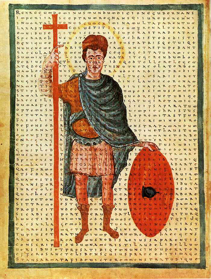 Contemporary Carolingian manuscript depiction of Emperor Louis the Pious as miles Christi, from Rabanus Maurus's De laudibus Sanctae Crucis, c. 810-826, Vatican Library Reg. lat. 124 — the imperial court and era in which Agobard served as Archbishop of Lyon