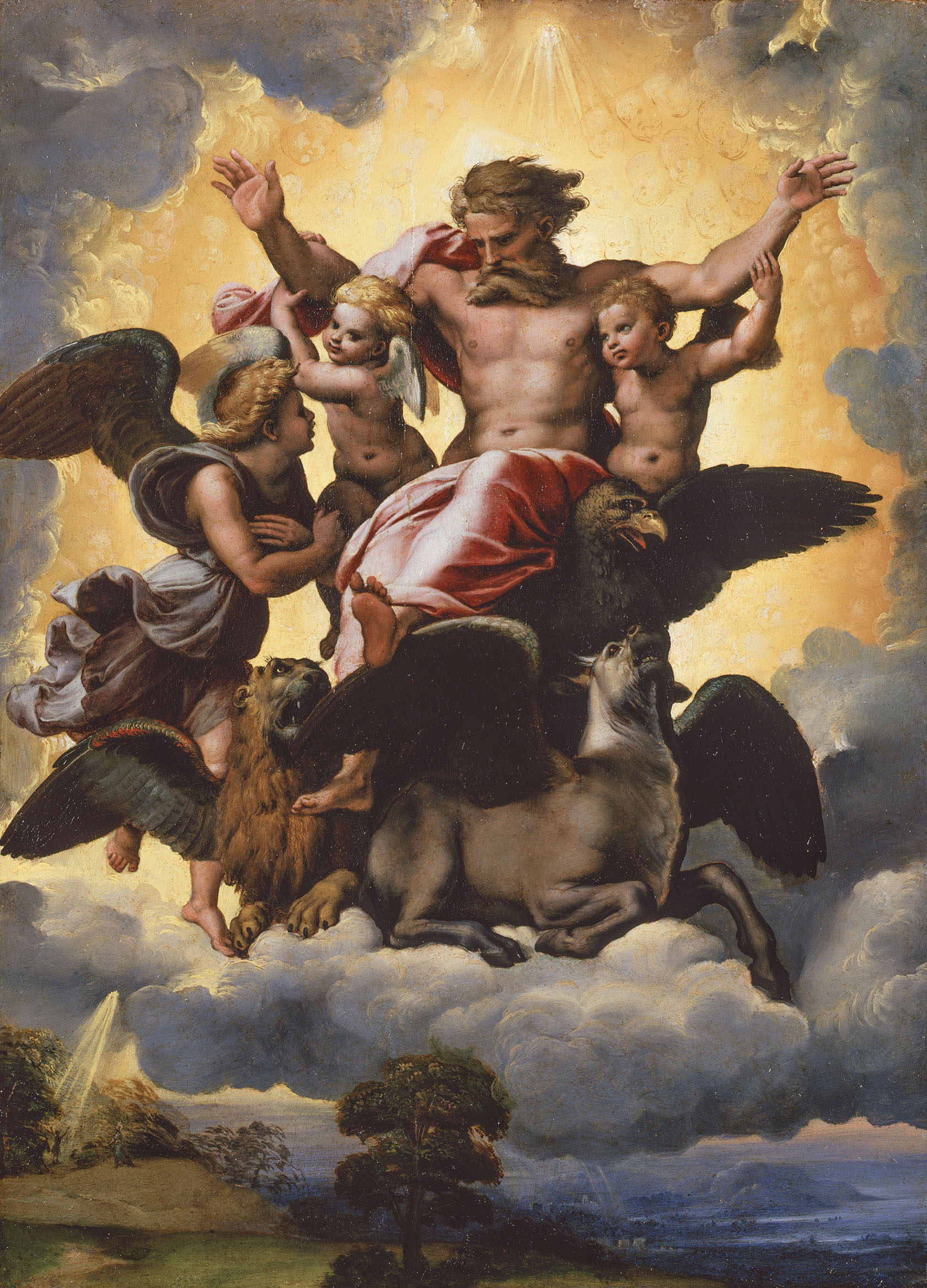 Ezekiel's Vision by Raphael, c. 1518 — the prophet's chariot-throne vision surrounded by the four living creatures, oil on panel, Palazzo Pitti, Florence