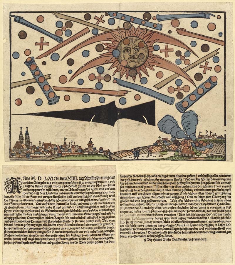 Hans Glaser's 1561 woodcut broadsheet depicting the celestial phenomenon over Nuremberg, showing globes, crosses, tubes, and a black spear-like object in the sky above the city