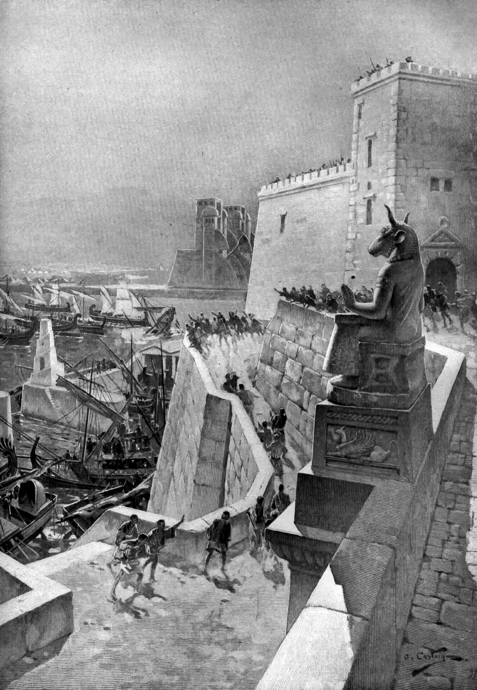 A naval action during the Siege of Tyre, by Andr&eacute; Castaigne (1898&ndash;1899) &mdash; a 19th-century artist's reconstruction of the real 332 BCE siege that the modern "flying shields" legend is loosely built around