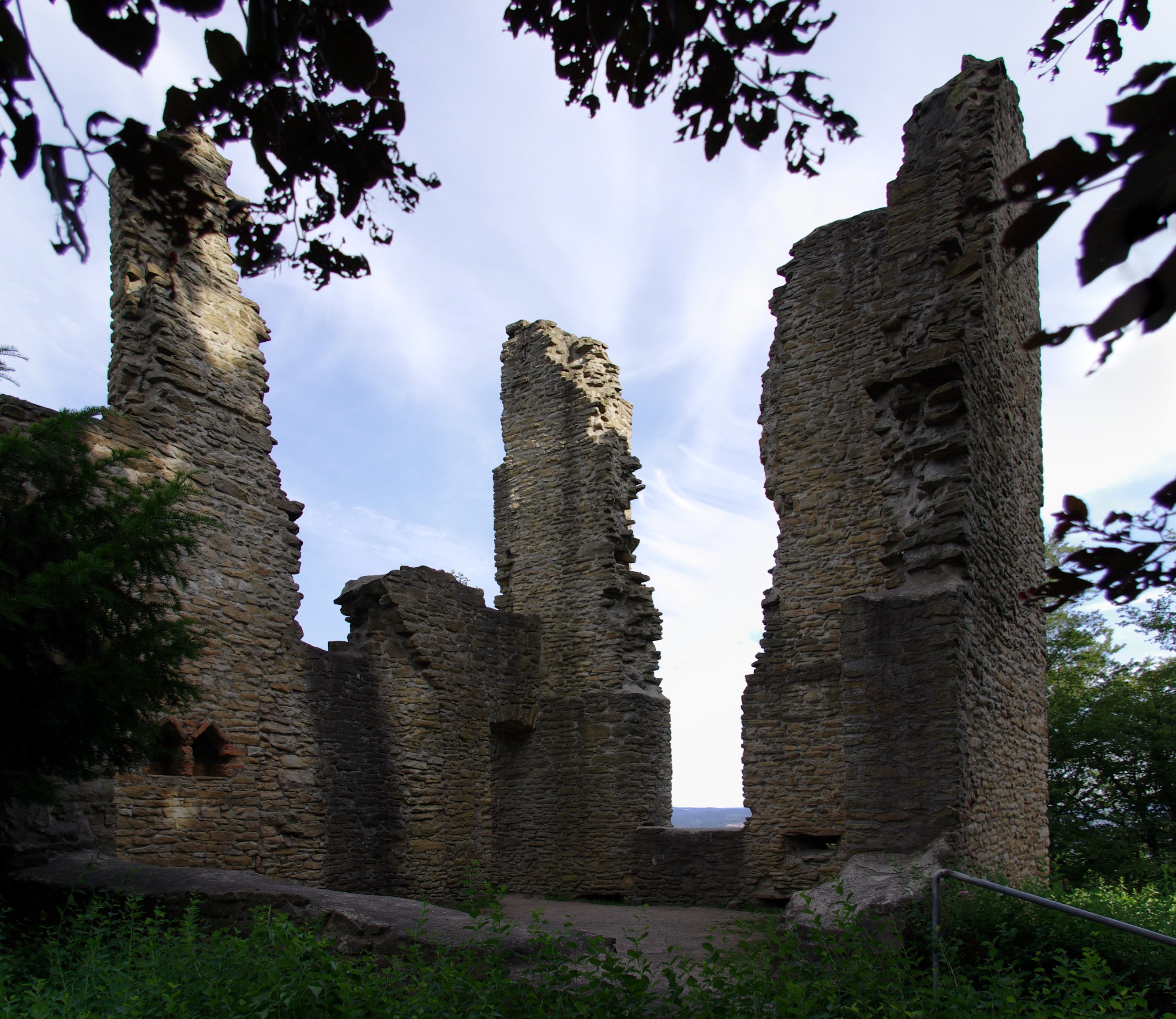 Ruins of the medieval Hohensyburg castle at Syburg, near Dortmund, Germany, built on and near the site of the earlier Saxon and Frankish hillfort of Sigiburg besieged in 776 CE