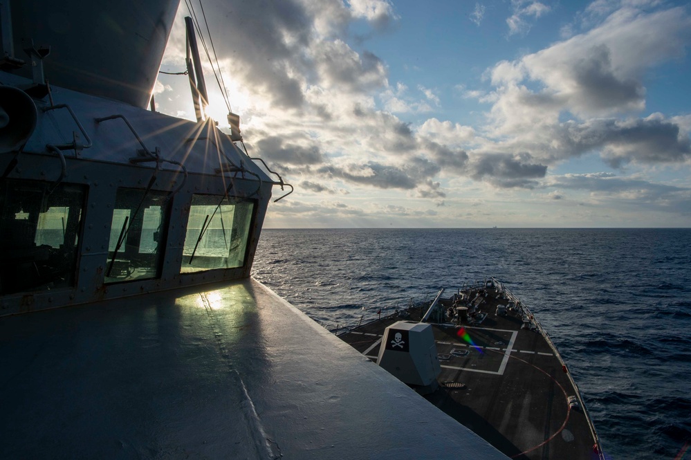 USS Kidd (DDG-100), the Arleigh Burke-class destroyer that logged the first drone contact on the night of July 14, 2019, underway in the Pacific Ocean
