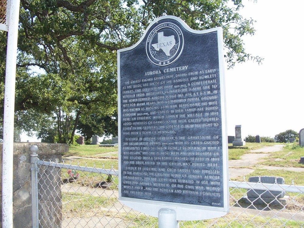 A Texas Historical Commission marker at Aurora Cemetery, Wise County, Texas, referencing the 1897 airship legend