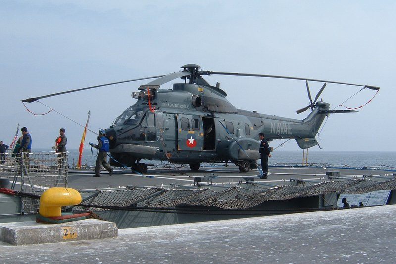 An AS532SC Cougar helicopter of the Chilean Navy, the same helicopter type used to record the November 11, 2014 FLIR video, photographed on a warship's flight deck during a UNITAS exercise