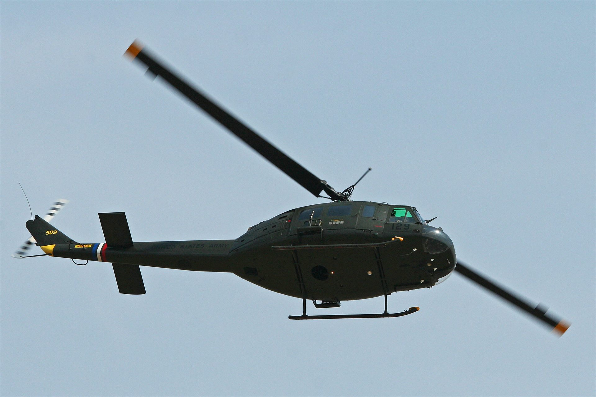 A Bell UH-1H 'Huey' helicopter in genuine U.S. Army olive-drab colors, the same type flown by Capt. Lawrence Coyne's Army Reserve crew during the October 1973 Mansfield, Ohio encounter