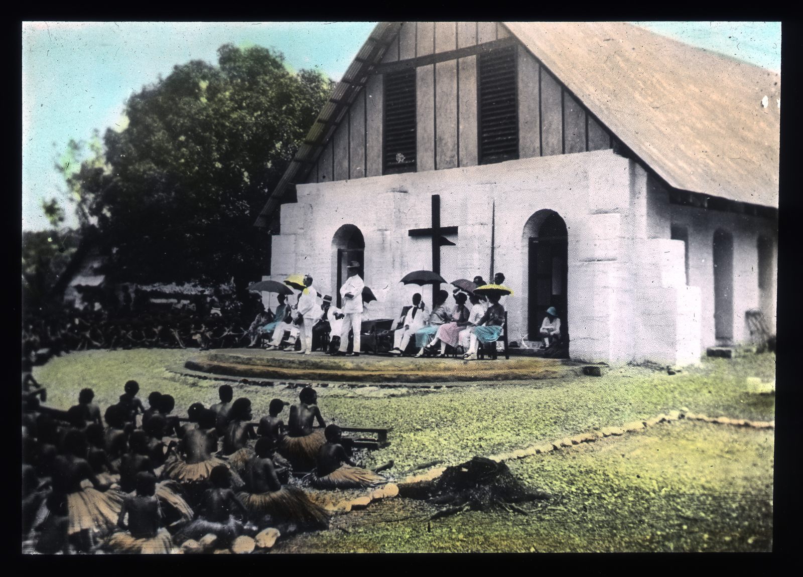 All Saints Church at the Boianai Mission Station, Milne Bay Province, Papua New Guinea — the same Anglican mission where Rev. William Gill and dozens of witnesses observed the June 1959 sightings. Photographed in the early 20th century, decades before the encounter; no photograph of the object itself or of the 1959 crowd is known to survive.