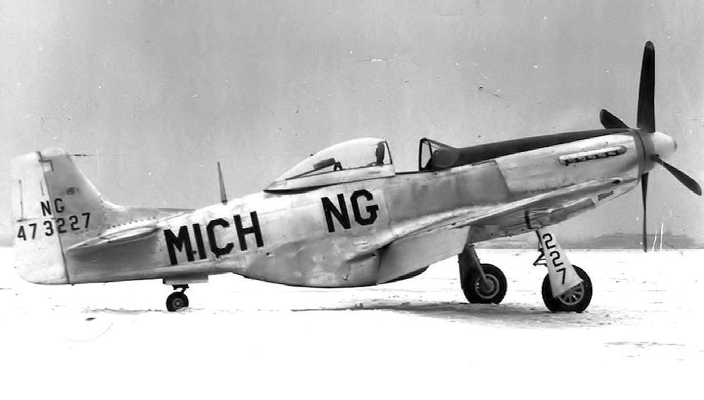 A North American P-51D Mustang in U.S. Air National Guard markings of the type flown by North Dakota Air National Guard pilots, including Lt. George Gorman, in the late 1940s