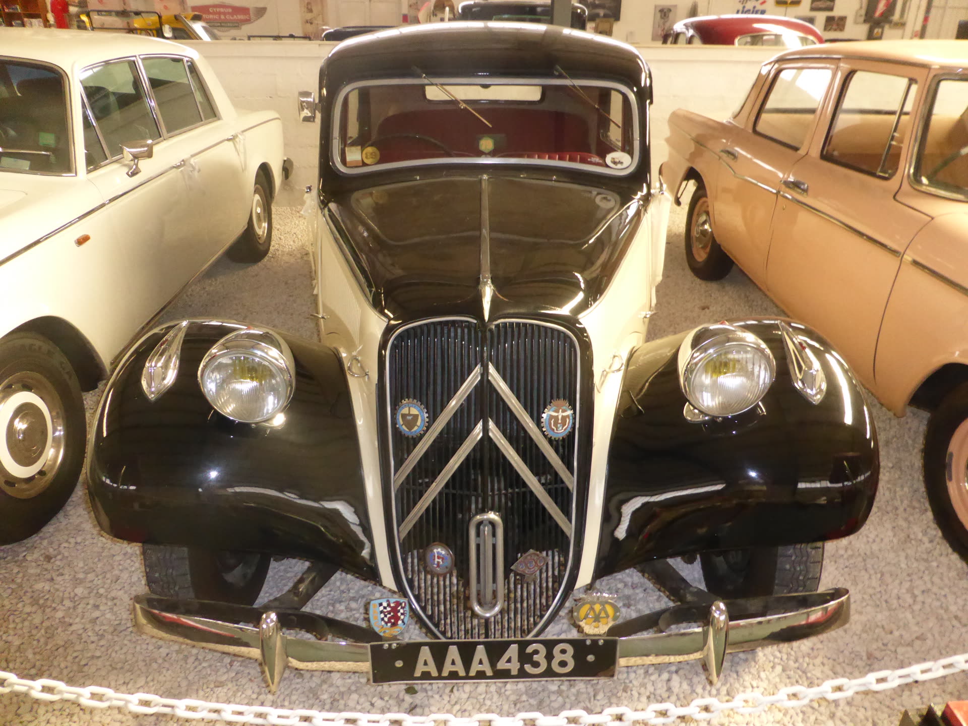A Citroën Traction Avant, the model of car most widely used by French police and gendarmerie in the 1950s, photographed in preserved condition at a classic car museum