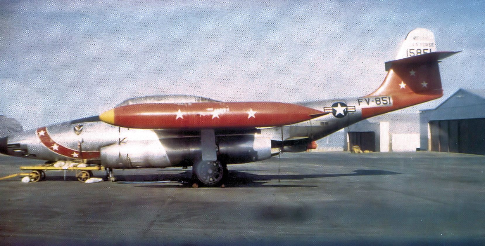 A Northrop F-89C-40-NO Scorpion of the 74th Fighter-Interceptor Squadron, tail number 51-5851, the same production block as the F-89C flown by Moncla and Wilson, photographed at Presque Isle AFB, Maine in 1954