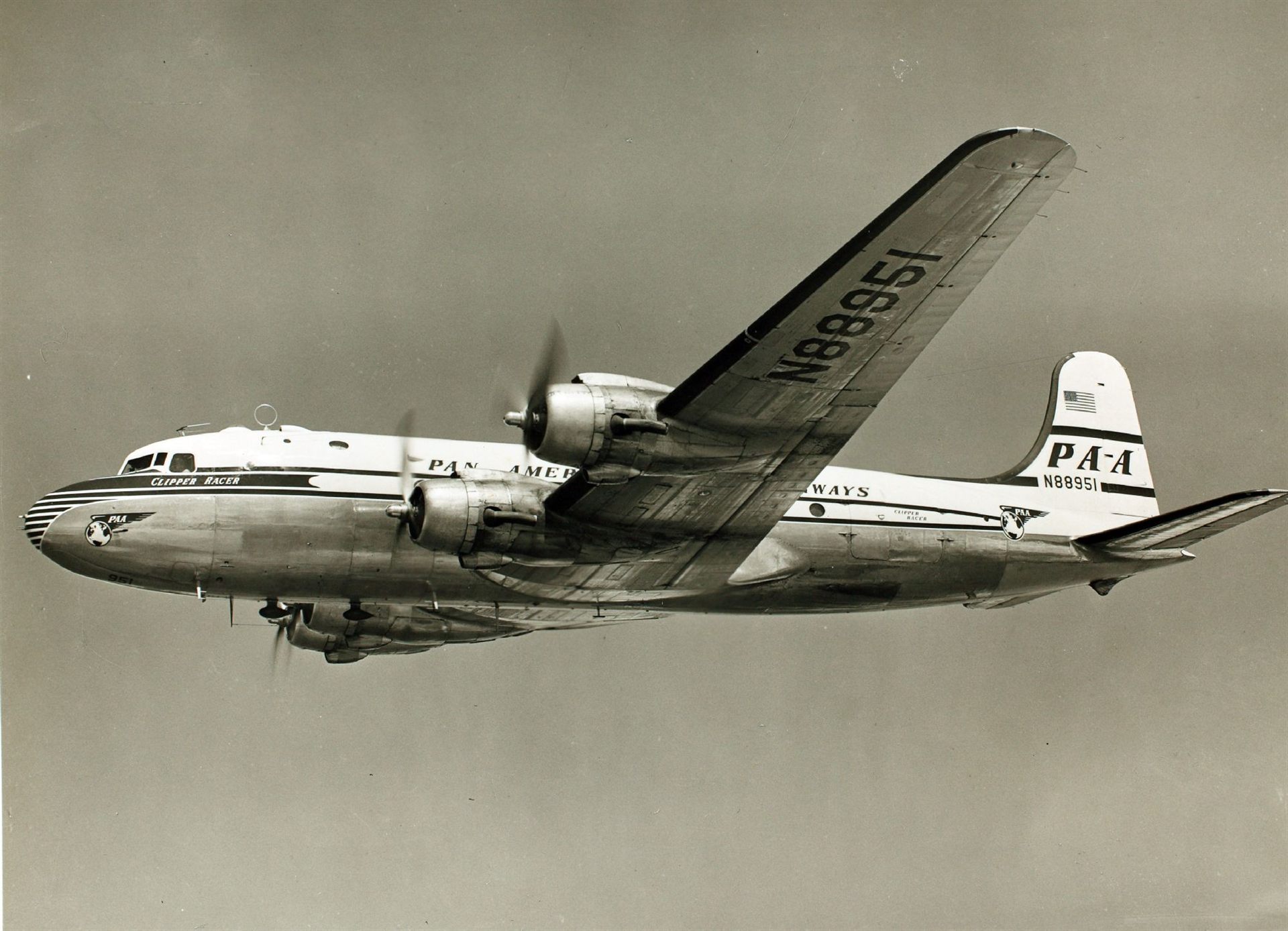 A Pan American World Airways Douglas DC-4 airliner, the same type flown by First Officer William B. Nash and Second Officer William H. Fortenberry on the night of the July 14, 1952 sighting over Chesapeake Bay, Virginia