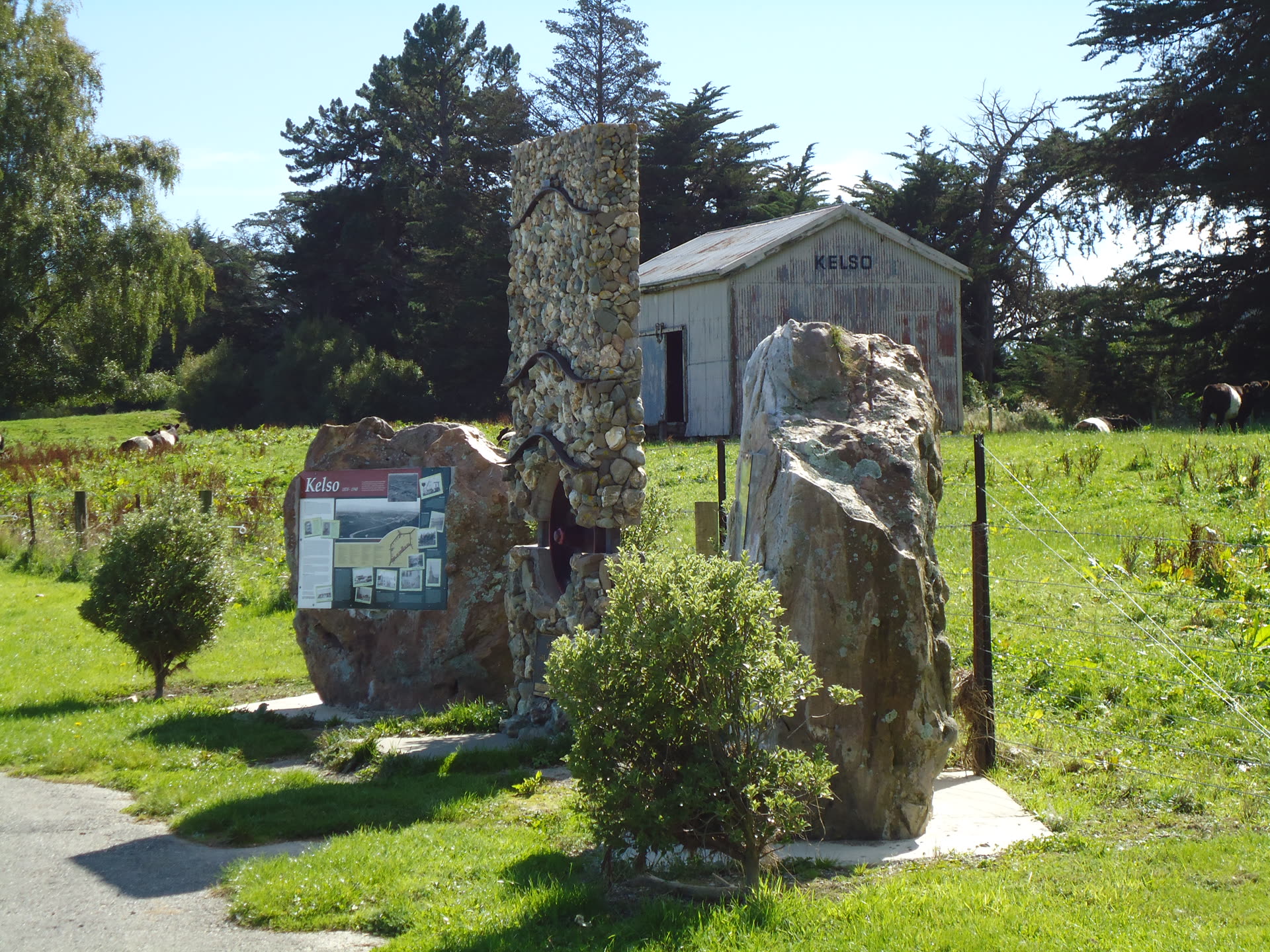 The Kelso Monument, a stone memorial marking historic flood levels at the site of the now-abandoned West Otago township of Kelso, New Zealand