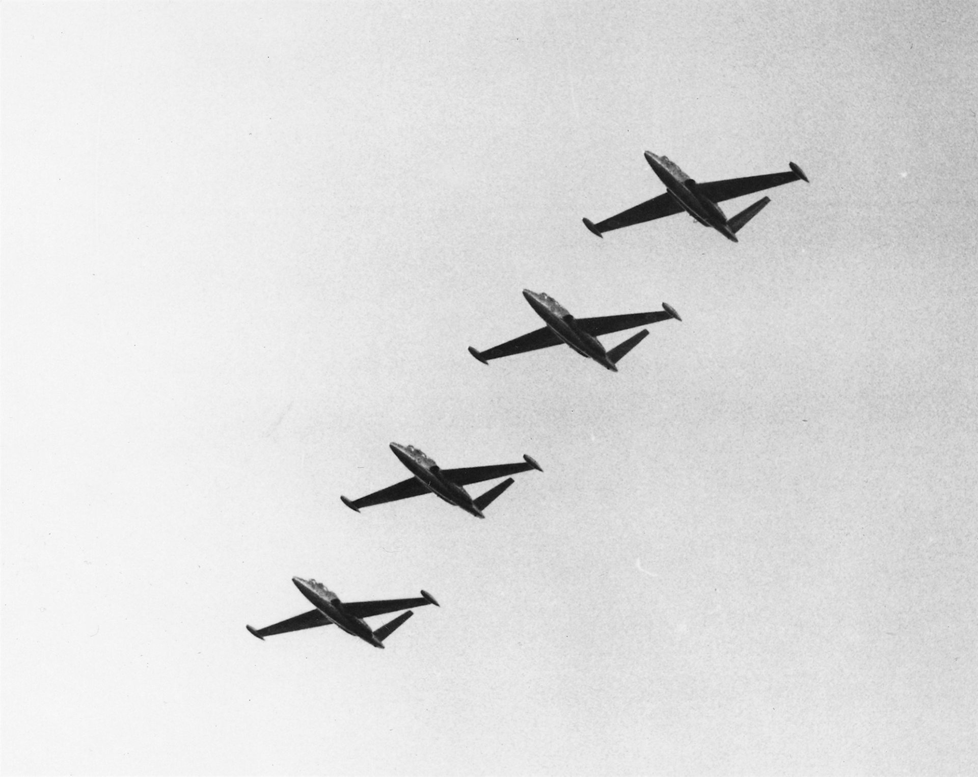 Finnish Air Force Fouga CM.170 Magister jet trainers flying in formation, the same aircraft type Tarmo Tukeva flew during the April 12, 1969 Pori pursuit