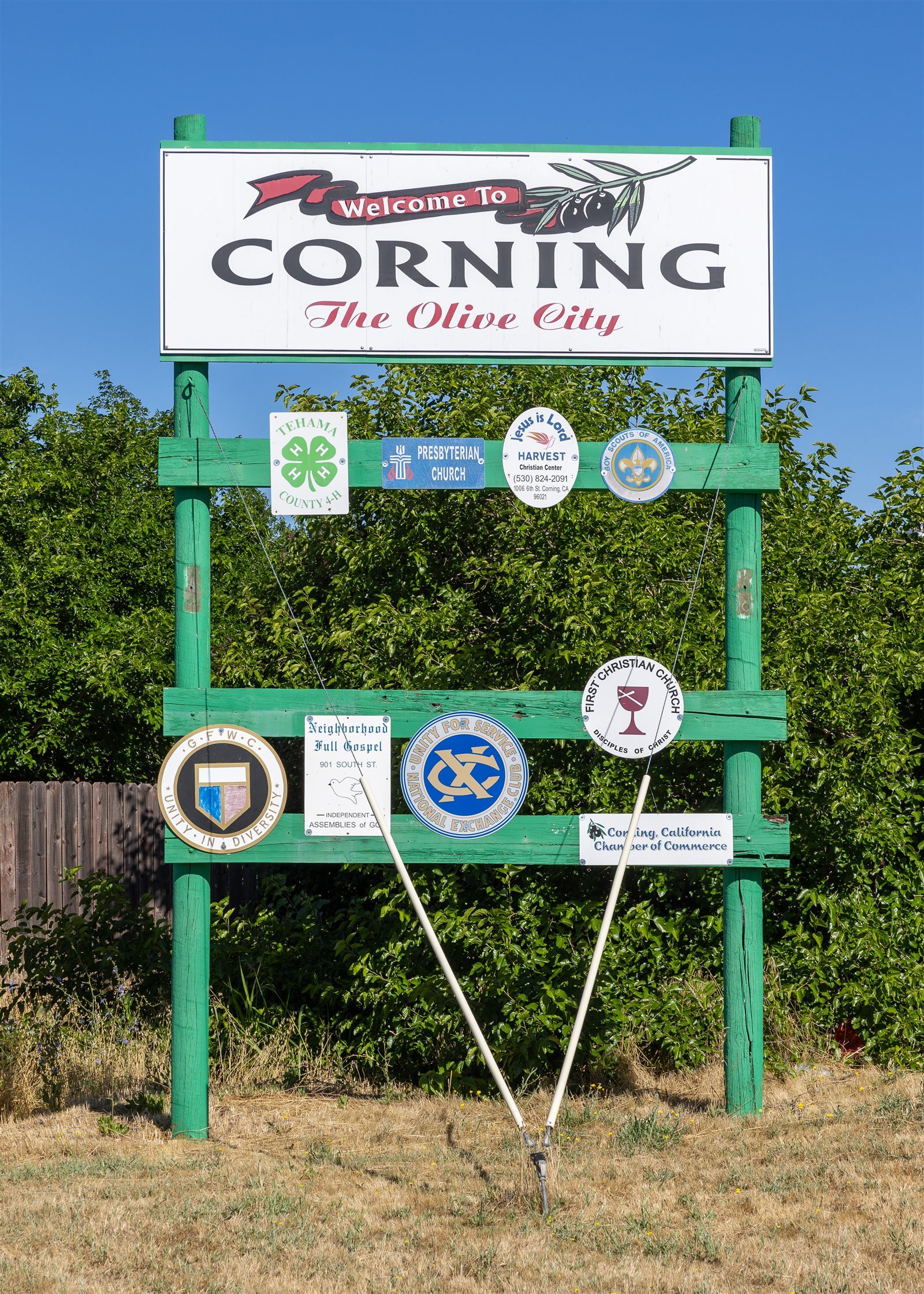 The 'Corning, The Olive City' welcome sign in Corning, Tehama County, California — the town near which CHP officers Carson and Scott encountered the object on Hoag Road