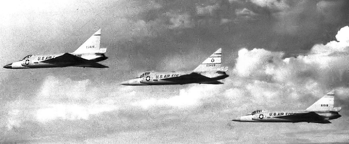 A three-ship formation of Convair F-102A Delta Dagger interceptors of the 47th Fighter-Interceptor Squadron, U.S. Air Force, photographed circa 1958–1959 — the same type and era of aircraft the 460th Fighter-Interceptor Squadron scrambled from Portland Air Force Base to intercept the Redmond object. This photograph does not depict the actual interceptors involved.