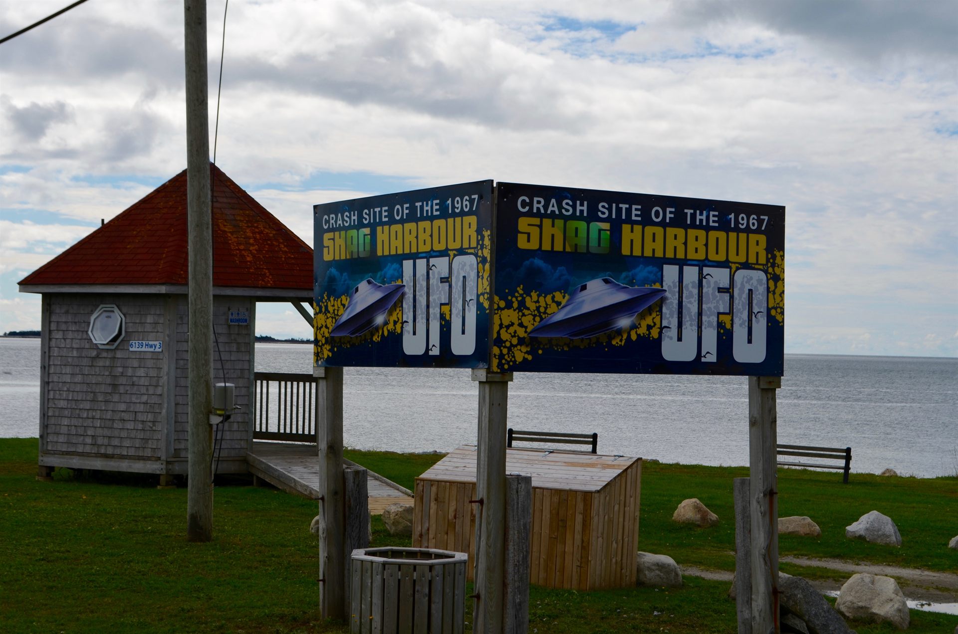 The UFO Gazebo at Shag Harbour Incident Park, overlooking the waters off Shag Harbour, Nova Scotia, where the October 4, 1967 object went down