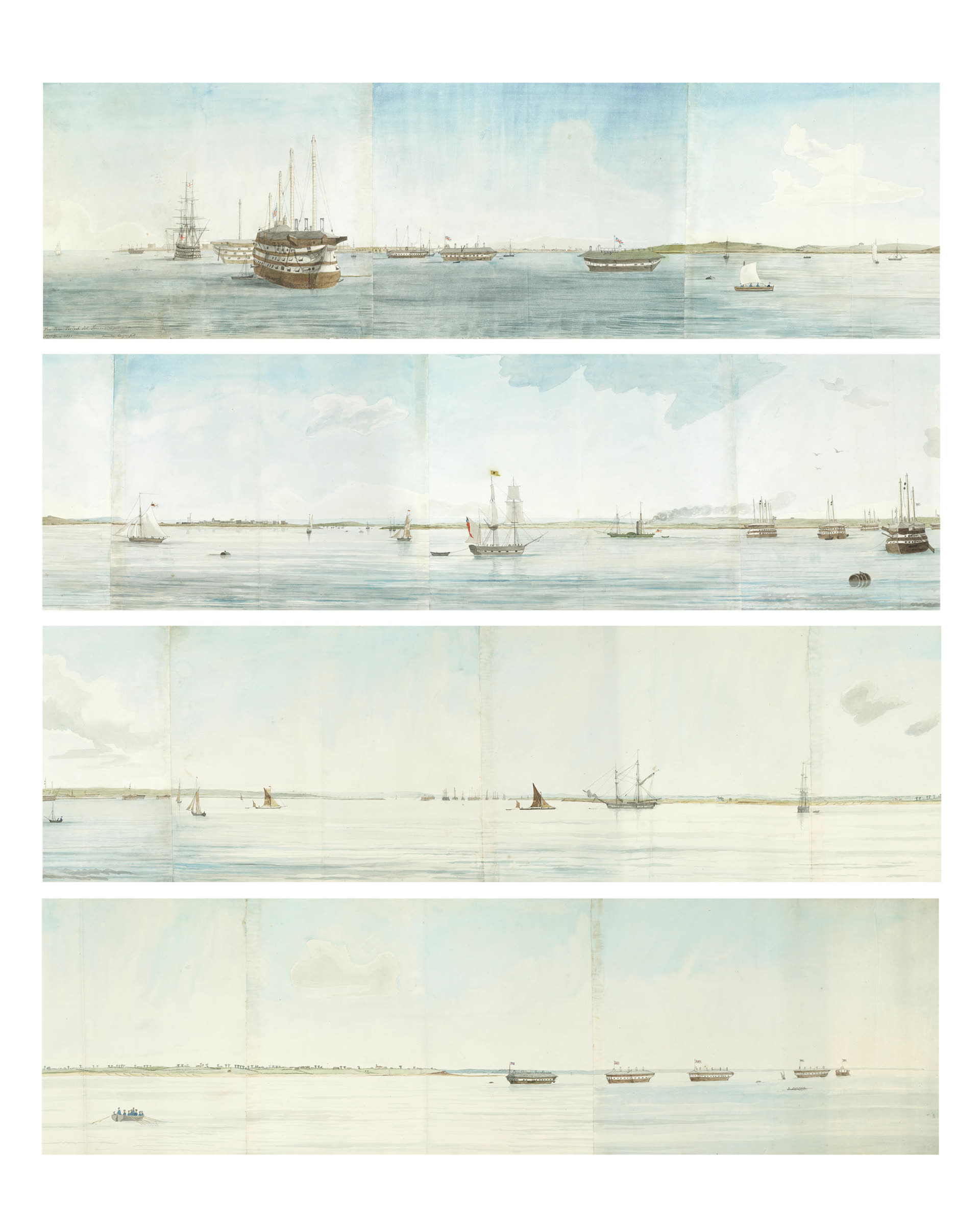 An 1831 panoramic view of the Royal Navy's Sheerness Dockyard, Kent, with HMS Temeraire in the foreground