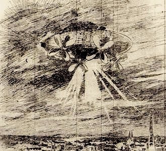 Period newspaper illustration of the mystery airship reported over Sacramento, California, published in the Daily Record-Union on November 18, 1896