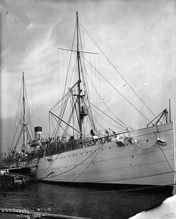 USS Supply, the U.S. Navy iron stores steamer at the center of the 1904 Schofield sighting, photographed in dock