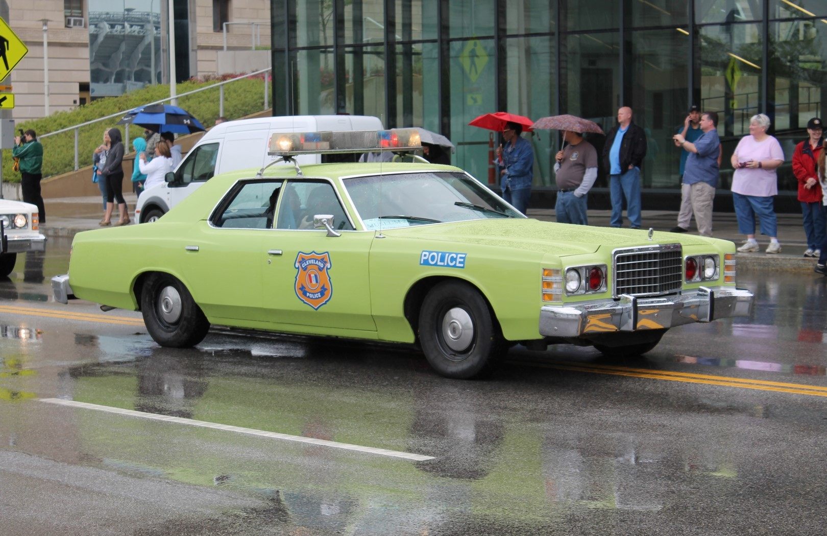 A preserved late-1970s Ford LTD police sedan of the type Marshall County's Sheriff's Office ran as patrol cars, photographed at a 2015 police memorial parade in Cleveland, Ohio — representative of the model Val Johnson was driving on August 27, 1979