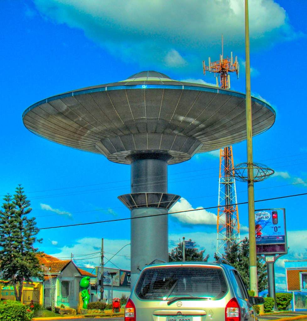 The Nave Espacial de Varginha, a flying-saucer-shaped 100,000-liter water tower built in the city center of Varginha, Minas Gerais, Brazil to commemorate the 1996 UFO incident