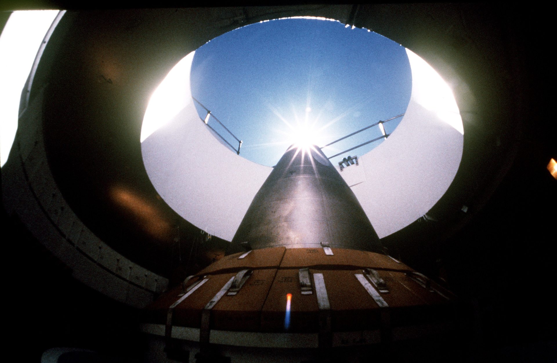 A U.S. Air Force photograph of an LGM-118A Peacekeeper intercontinental ballistic missile in its silo at F.E. Warren Air Force Base, Wyoming, June 1, 1987 — the same base's underground missile-silo environment, though a later missile generation than the Minuteman IB force involved in the 1965 sighting