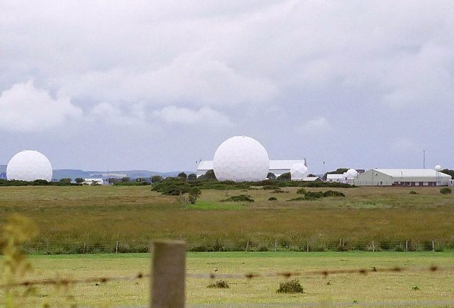 Radar domes at the disused West Freugh Airfield, Wigtownshire, Scotland — the Ministry of Supply Bombing Trials Unit site where the April 1957 radar sightings were recorded and confirmed. This photograph shows the airfield's radar installations in a later era, not the 1957 incident itself.
