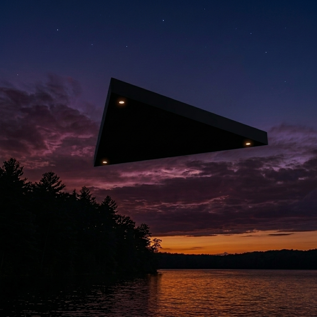 Artist rendering of the black triangle craft observed over the Ross Barnett Reservoir at dusk, Ridgeland, Mississippi — October 2012